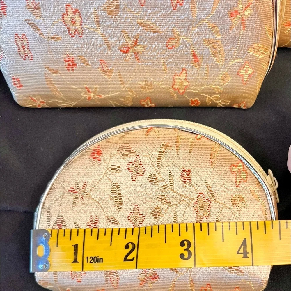 New VTG Silk Brocade Floral Cosmetic Bag Set 5 Nesting Makeup Travel Pouch Gold